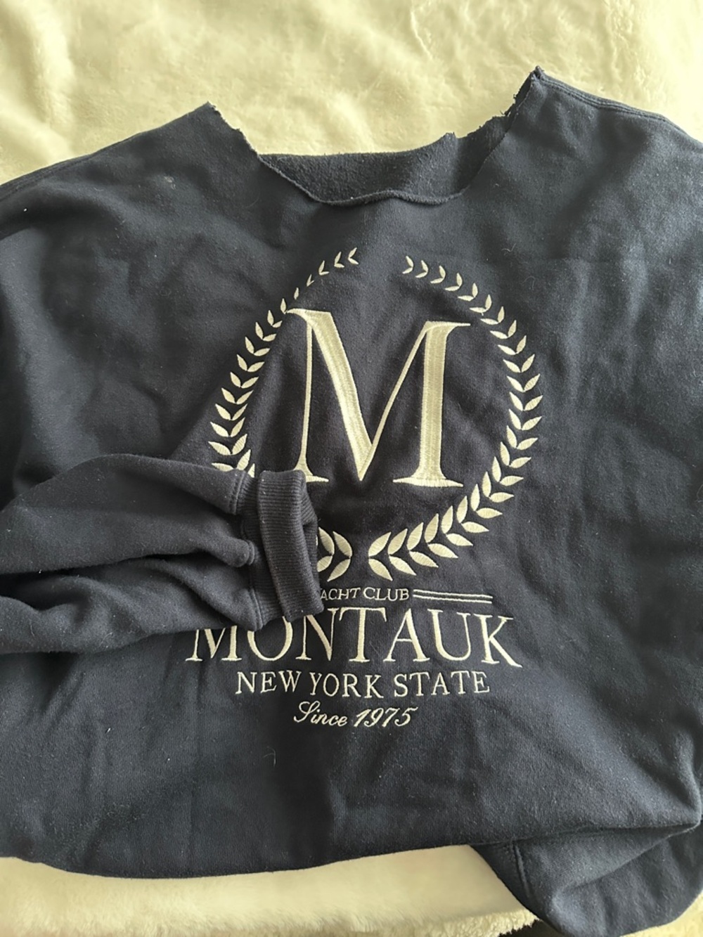 Garage Navy Montauk Crest Sweatshirt with Cream Logo - off the shoulder